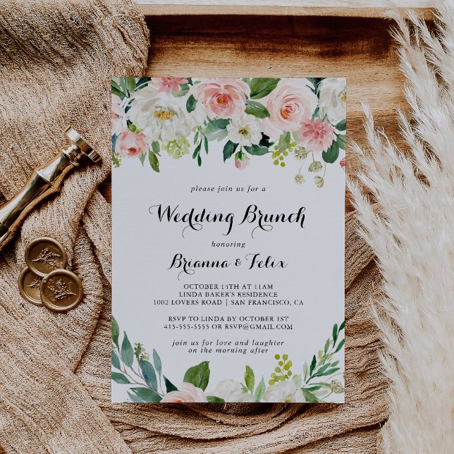 Enkel Grönt för Blommigt, Calligraphy Bröllop Brun Inbjudningar (Skapare uppladdad)