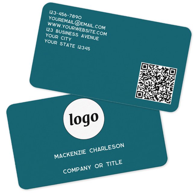 Enkel Grönt för Logotyp och QR-kodsökning Visitkort (Simple logo QR code custom text professional branding promotional business card teal green)
