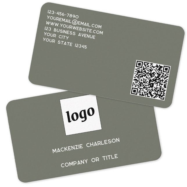 Enkel Grönt för Logotyp och QR-kodsökning Visitkort (Logo QR code with custom text sage green minimalist modern business card)