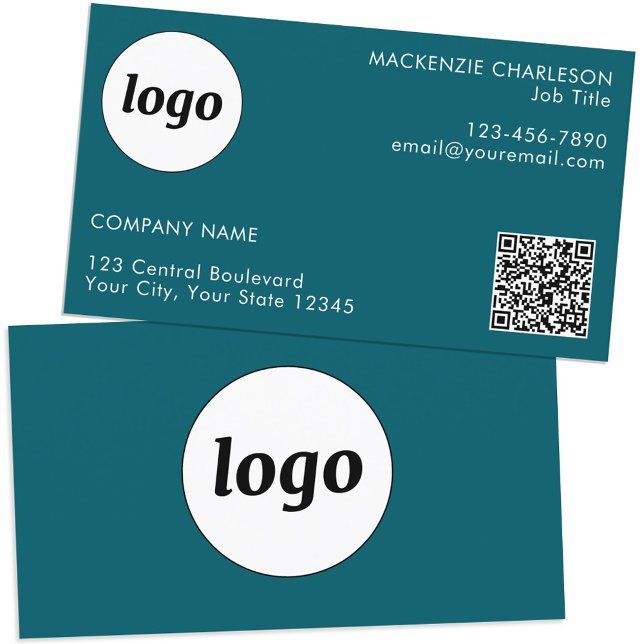 Enkel Grönt för Logotyp och textsökning QR-kod Visitkort (Simple logo QR code custom text professional branding business card teal green)