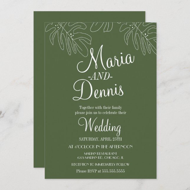 Enkel Grönt för visning av monstera linjehand Inbjudningar (Fram/baksida)
