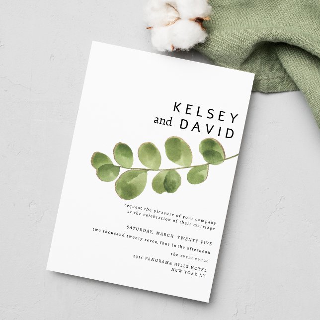 Enkel grönt guld eucalyptus löv bröllop inbjudningar (Simple green gold eucalyptus leaves wedding )