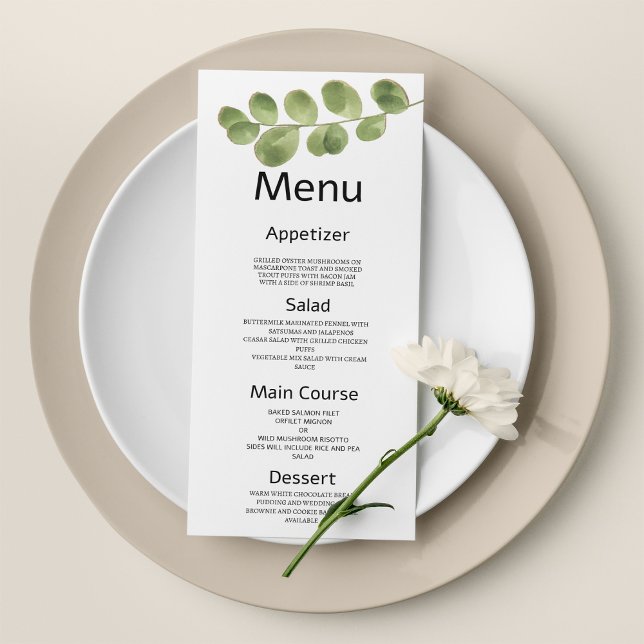 Enkel grönt guld eucalyptus lövs Bröllop Menu Program (Simple green gold eucalyptus leaves Wedding Menu )
