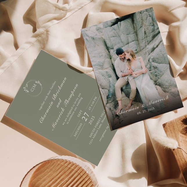 Enkel Grönt i klassiskt läge, Monogram Bröllop Inbjudningar (Skapare uppladdad)