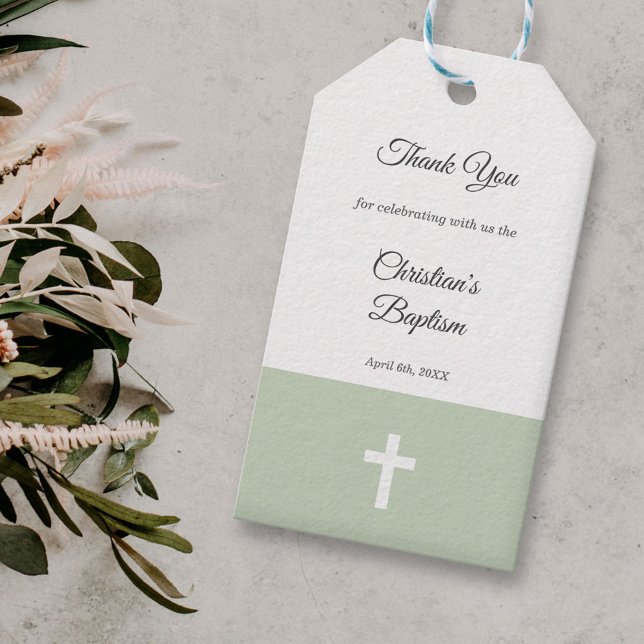 Enkel, Grönt med Kor-baptism Tack Presentetikett (Green with a Cross Baptism Thank You Gift Tags)