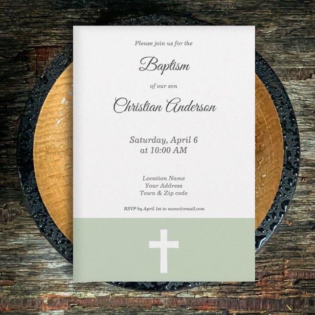 Enkel, Grönt med Kor-baptisminbjudan Tack Kort (Green with a Cross Baptism Invitation)