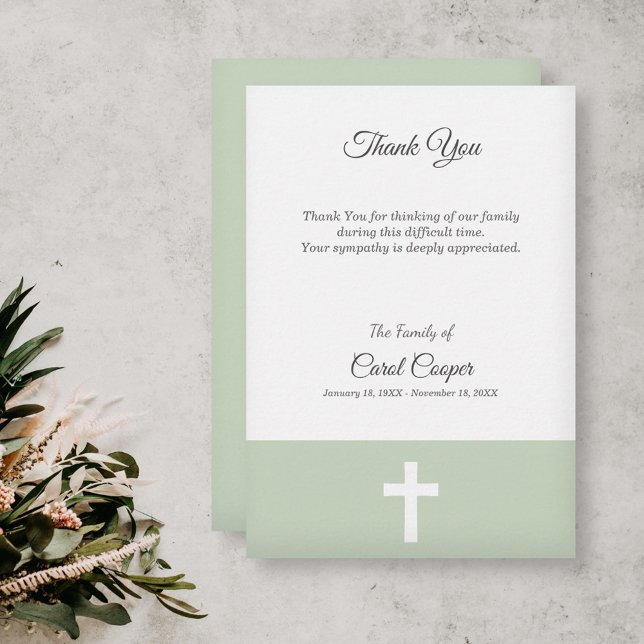 Enkel, Grönt med Kor-funktionellt tackkort Tack Kort (Simple, Green with a Cross Funeral Thank You Card)