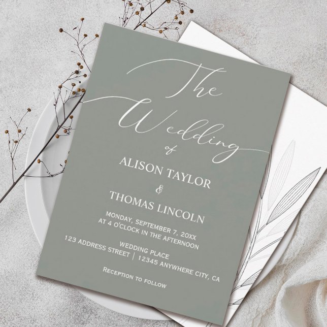 Enkel Grönt och vit kalligrafi Inbjudningar (#whimsical #floral #rustic #simplelightgreen #romantic #modern #weddinginvitation)