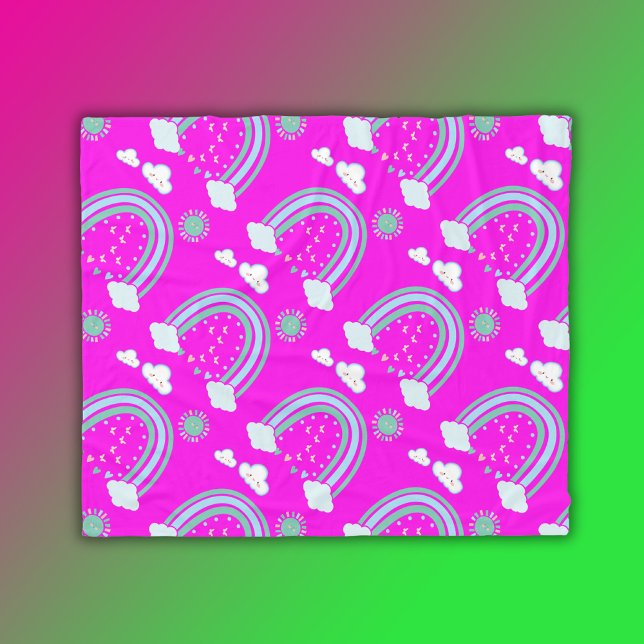 Enkel Grönt Rainbow Boho på Shock rosa | Fleecefilt (Skapare uppladdad)