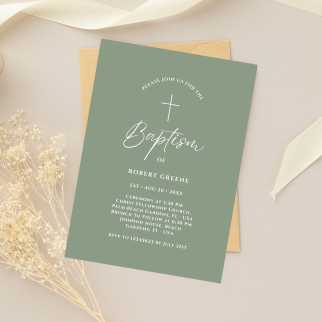 Enkel Grönt Skriptfil Spädbarn Baby Fotodobaptism Inbjudningar (Skapare uppladdad)