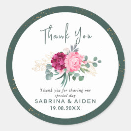 Enkel Grönt vid Rosa vid Blommigten Guld Bröllop Runt Klistermärke