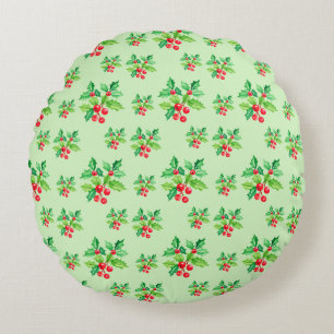 Enkel grönt Watercolor Holly Berries Julafton Möns Rund Kudde