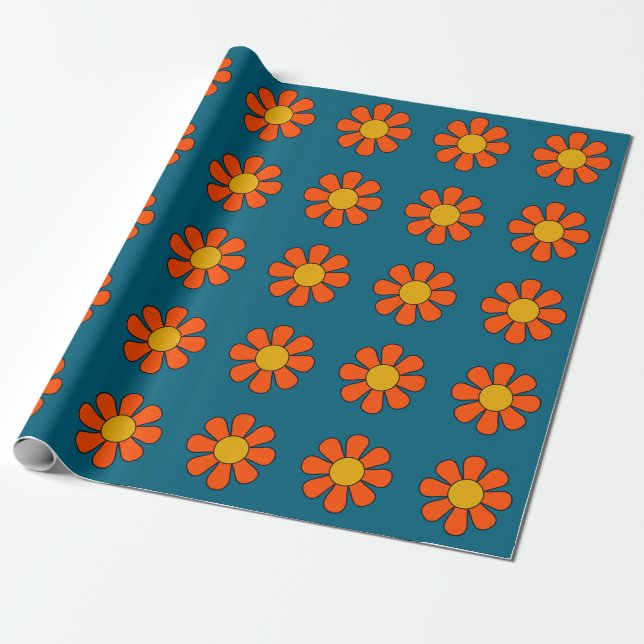 Enkel Groovy Retro Modern 60-tal 70-tal Flower Mön Presentpapper (Utrullad)