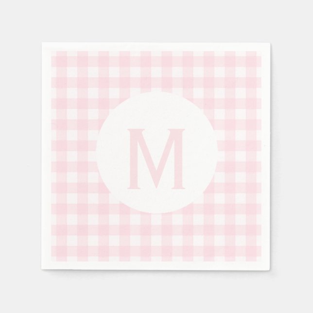 Enkel grundläggande Blek Rosa Gingham Monogram Pappersservett (Framsidan)