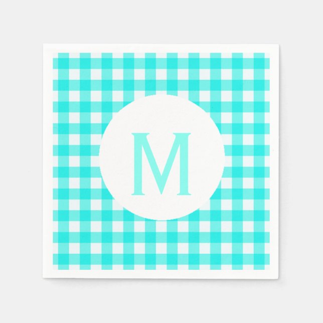 Enkel grundläggande turkos Gingham Monogram Pappersservett (Framsidan)