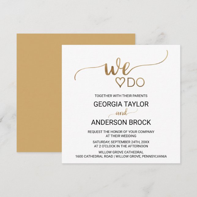 Enkel Guld-calligrafi "We Do" Square Bröllop Inbjudningar (Fram/baksida)