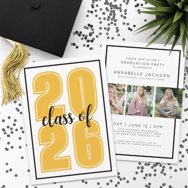 Enkel Guld Examensfoto Examen Inbjudningar (Simple Gold Graduate Photo Graduation Invitation)
