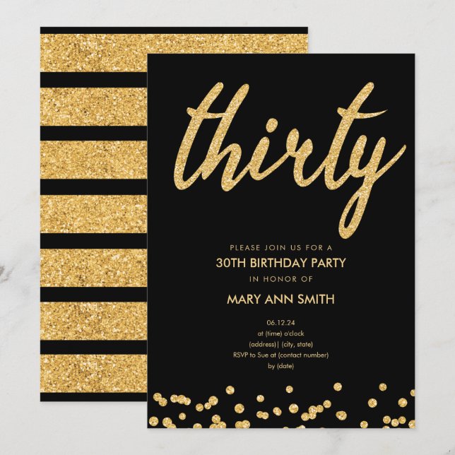 Enkel Guld Glitter-typ 30års födelsedag Party Inbjudningar (Fram/baksida)