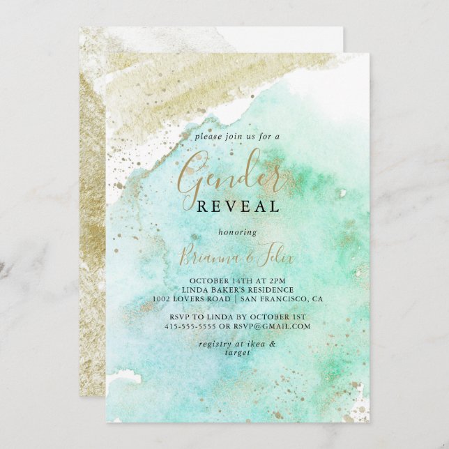 Enkel Guld Grönt-minimalistisk Gender i Party Inbjudningar (Fram/baksida)
