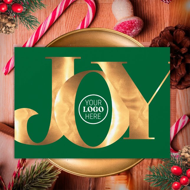 Enkel Guld Joy Business Logotyp Glad helg i Grönt Julkort (Front)