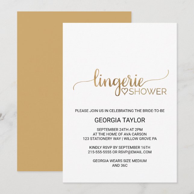 Enkel Guld-kallgrafi av Lingerie Shower Inbjudningar (Fram/baksida)