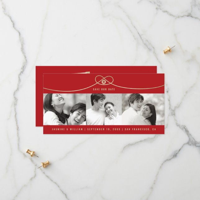 Enkel Guld Knot Dubbla Happiness 3 Foto kinesiska Spara Datumet (Fram/Back In Situ)