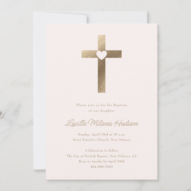 Enkel Guld Kor med hjärtflickornas baptism Inbjudningar (Framsida)
