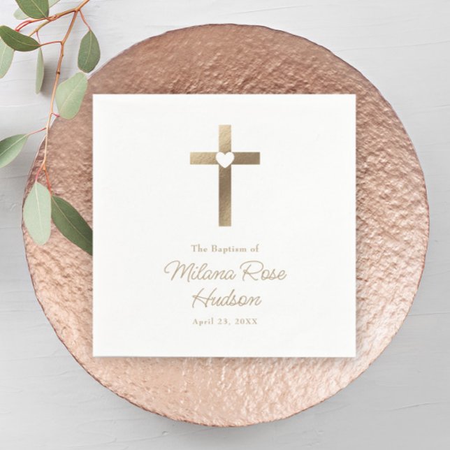Enkel Guld Kor med hjärtklappning Pappersservett (Simple Gold Cross with Heart Elegant Baptism Napkin.)