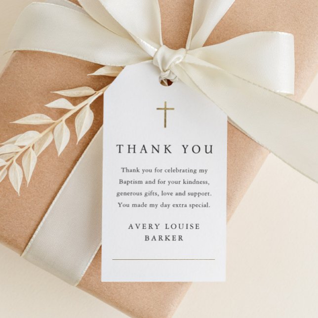 Enkel guld kors foto dop tack för favor presentetikett (Elegant simple baptism thank you favor gift tag with simple typography and minimal gold cross.)