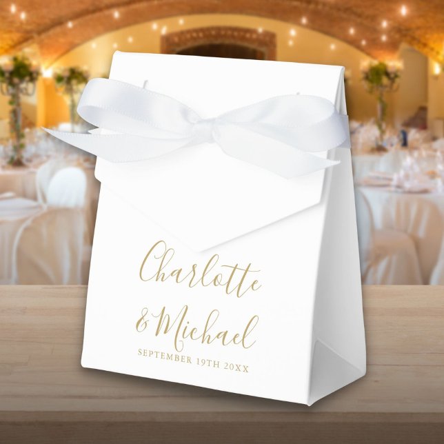 Enkel guld- och vit bröllopsskrift  presentaskar (Simple Gold And White Script Wedding Favor Box)