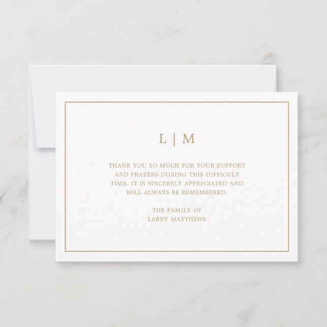 Enkel Guld och vit monogram Funeral Sympathy Tack Kort (Framsida)