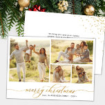 Enkel Guld Script 4 Photo Collage-jul Julkort<br><div class="desc">Modern minimal Elegant Kalligrafi 4 Photo Collage julkort. Det här festliga, minimalistiska multifotojulet har söt fyra (4) fotokollage, ett "God jul"-skript som är skrivet i en handskriven svan-teckensnittstyp i guld och vitt. På baksidan finns glitter konetti hörn och förformat budskap. Den här julfotbolls-Anpassningsbarna är ett underbart sätt att påminna nära...</div>