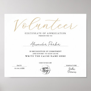 Enkel guld volontär Certifikat om uppskattning Poster