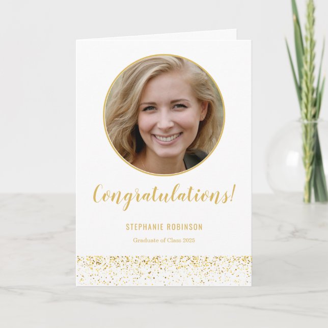 Enkel Guld White Confetti Photo Studenten Kort (Framsida)