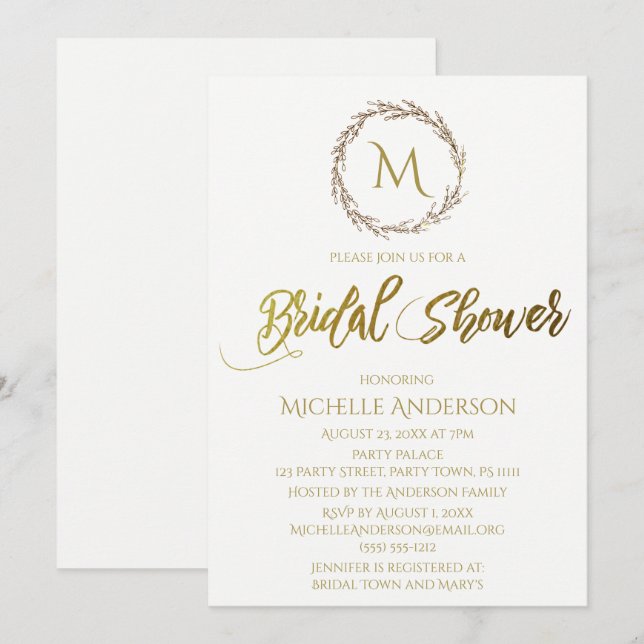 Enkel guldfärgad vit monogramkrans inbjudningar (Fram/baksida)