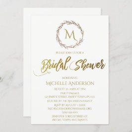 Enkel guldfärgad vit monogramkrans inbjudningar