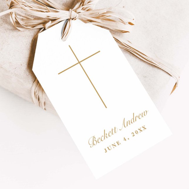 Enkel guldkors doppresent presentetikett (Simple, elegant gold cross script baptism favor tags.)