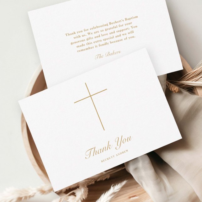 Enkel guldkors doppresent tack kort (Elegant, simple cross religious baptism thank you note cards.)