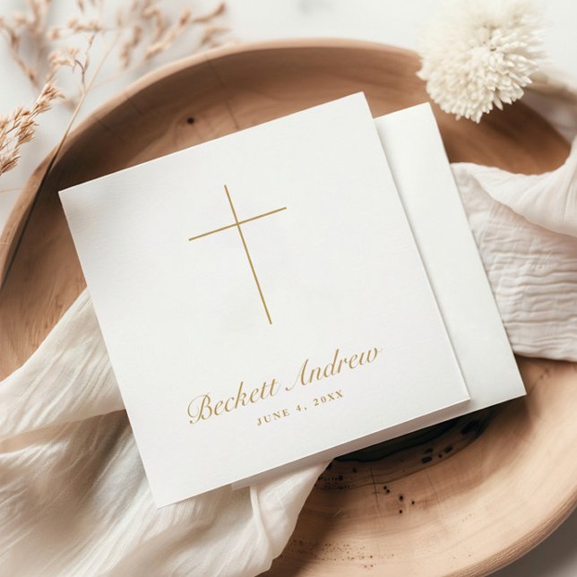 Enkel guldkors dopskrift pappersservett (Simple Gold Cross Script Baptism, Christening or First Holy Communion Napkins.)
