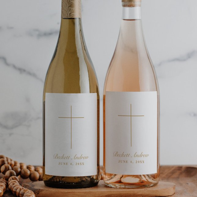 Enkel guldkors dopskrift vinflaska etikett (Simple gold cross script baptism wine or champagne labels.)