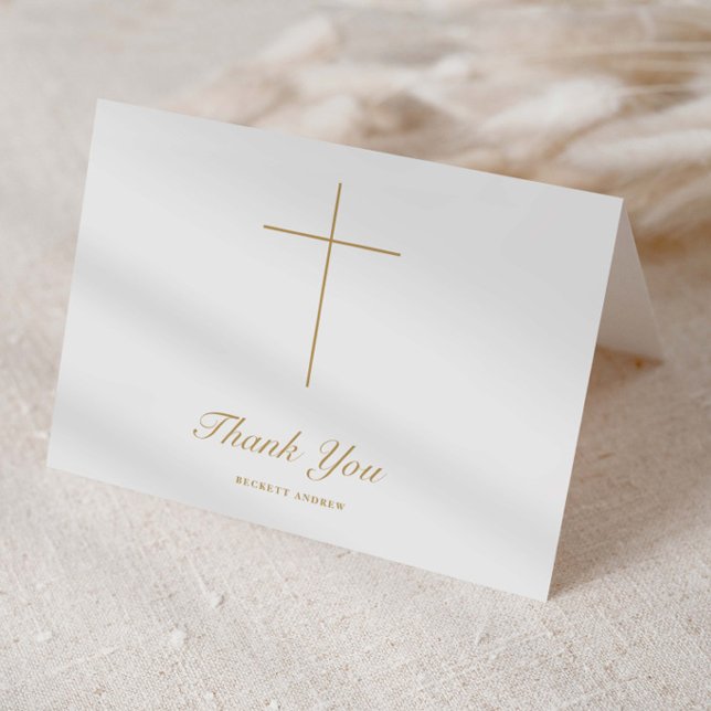 Enkel guldkors dopskript tack kort (Elegant, simple cross religious baptism folded thank you cards.)