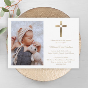 Enkel guldkors med hjärta dopfoto inbjudningar