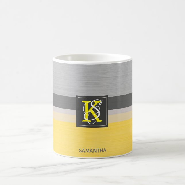 Enkel Gult med två ton och Monogram med Grått Init Kaffemugg (Center)