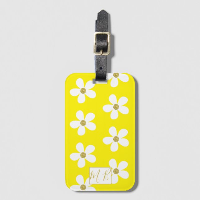 Enkel Gult Vit Daisy Guld Monogram Travel Bagagebricka (Framsida vertikal)