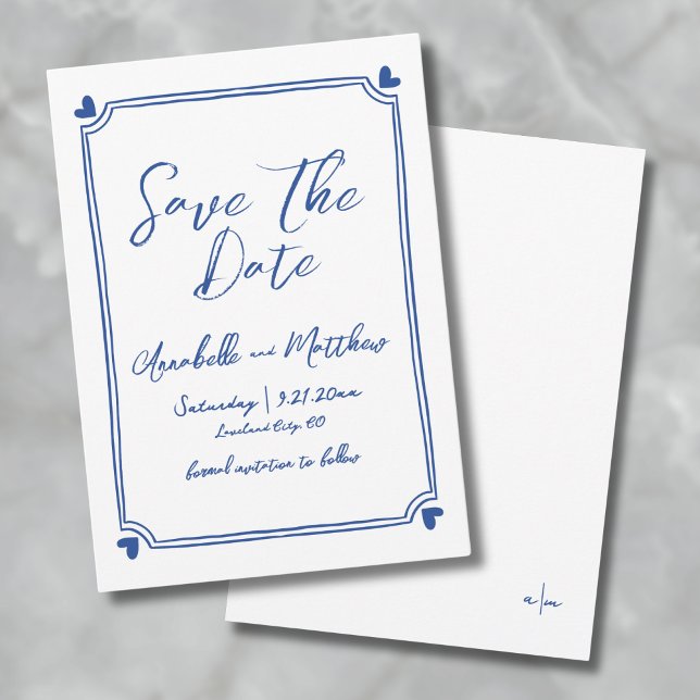 Enkel Hand plockade Blue Bröllop Spara Datumet (Simple Hand Drawn Blue Wedding Save the Date)