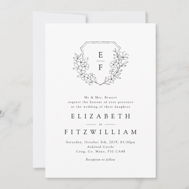 Enkel Hand plockade Cherry Blommar Monogram-Vapens Inbjudningar (Framsida)