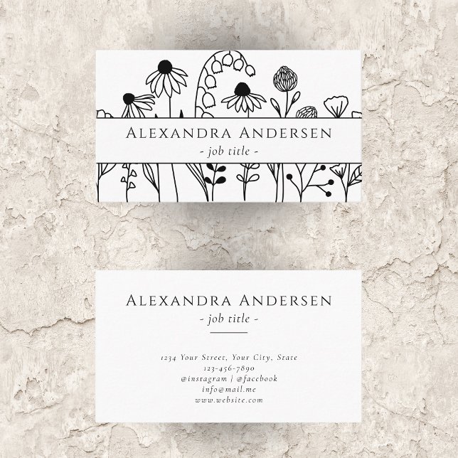 Enkel Hand plockade Wildblommor Minimalistisk Blom Visitkort (Simple Hand Drawn Wildflowers Minimalist Floral Business Card)