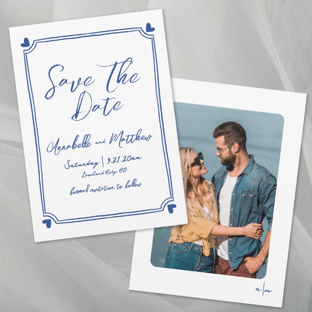 Enkel Handritad Foto Blå Whimsical Bröllop Spara Datumet (Simple Hand Drawn Photo Blue Whimsical Wedding Save the Date)