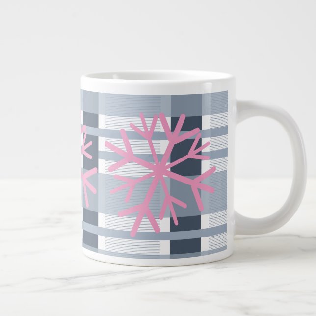 Enkel handritad snöflinga vit rosa rutig jumbo mugg (Höger)