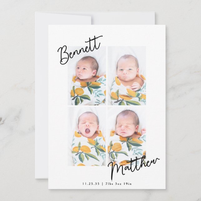 Enkel handskriven baby foto collage tack  kort (Framsida)